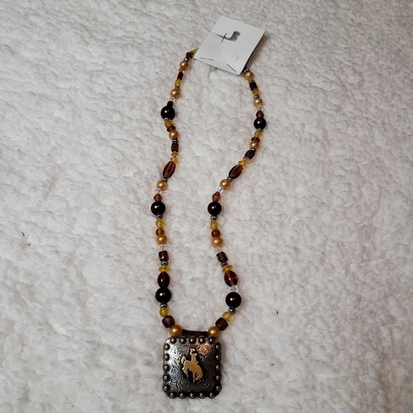Brown Bead Rodeo Cowboy Necklace Silver - Picture 1 of 1